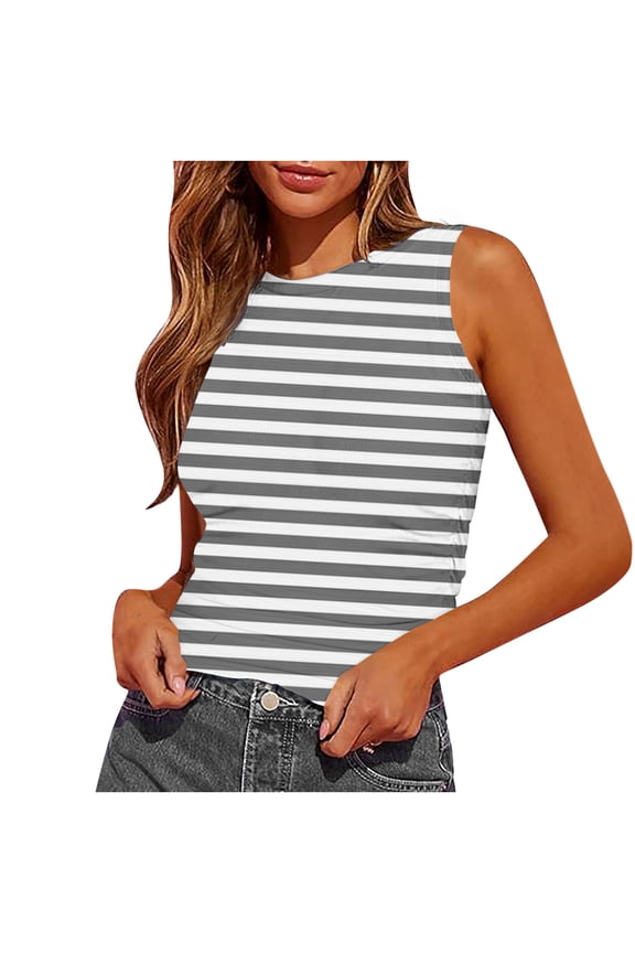 Otvok Womens Vest Summer Slim Fitted Blouse Side Ruched Basic Stripe Printed Tank Top