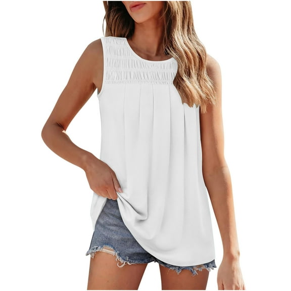 Otvok Womens Vests Casual Solid Color Crewneck Sleeveless T-Shirt Pleated Tank Blouse
