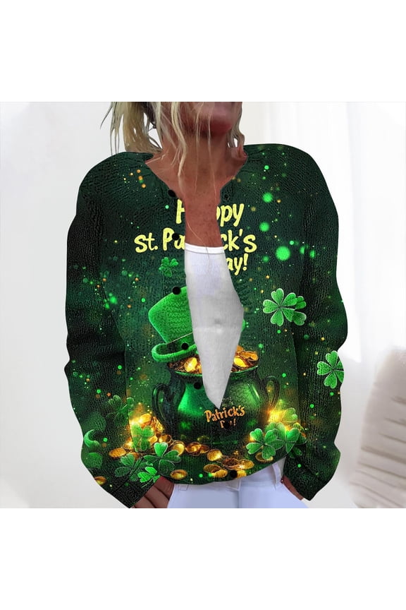Womens Winter Cardigan Sweaters Long Sleeve Open Front Button Down Knit Sweater Coat Outwear for Patrick's