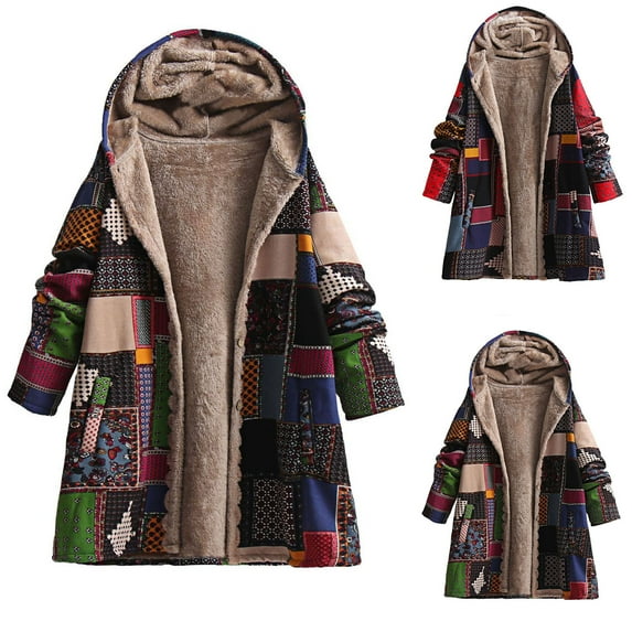 Otvok Womens Winter Warm and Fleece Heavy Printed Hooded Jacket with Zipper Double Pockets