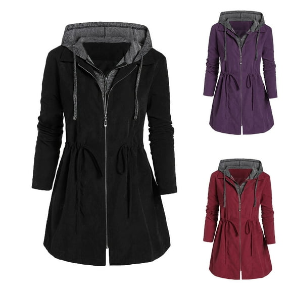 Otvok Womens Zipper Patchwork Winter Fly Hooded Space Plus Thick Cotton Coat
