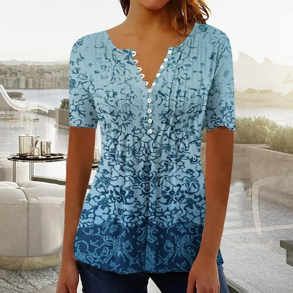 Otvok Work Blouses for Women Short Sleeve Tops Plus Size V Neck Dressy Casual T Shirts Pleated Basic Tees