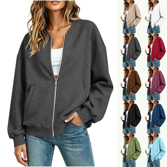 Otvok Zip‑Up Loose Sweatshirts Coat, Women Baseball Collar Long‑Sleeve Daily‑Wear Outerwear