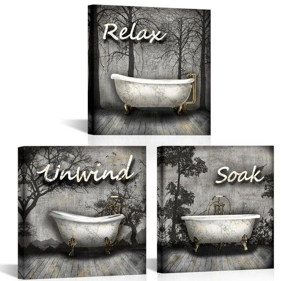 OuElegent Bathroom Canvas Wall Art Black and Gray Relax Soak Unwind Inspiring Print Rustic Bathtub Painting Pictures Vintage Bathtub Art for Home Decor Framed 12"x12"x3pcs C95