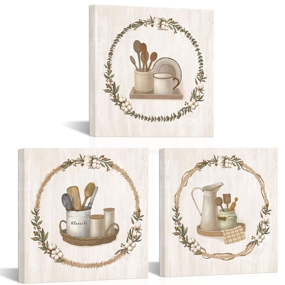 OuElegent Kitchen Canvas Wall Art Beige Cooking Utensils Painting Vintage Tan Kitchen Decor Art Prints for Home Decor Framed 12"x12"x3pcs (Beige) Y101