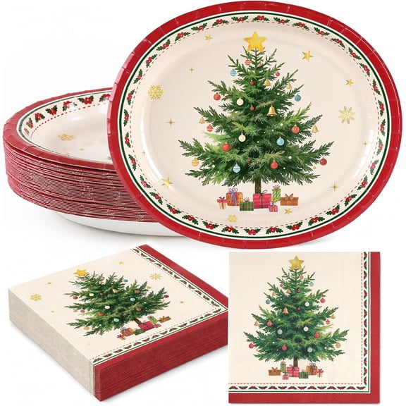 100Pcs Heavy Duty Christmas Paper Plates and Napkins Set, Xmas Ornament Ball Round Disposable Christmas Dinner Plates Dinnerware Set for Holiday Winter Xmas Party Supplies