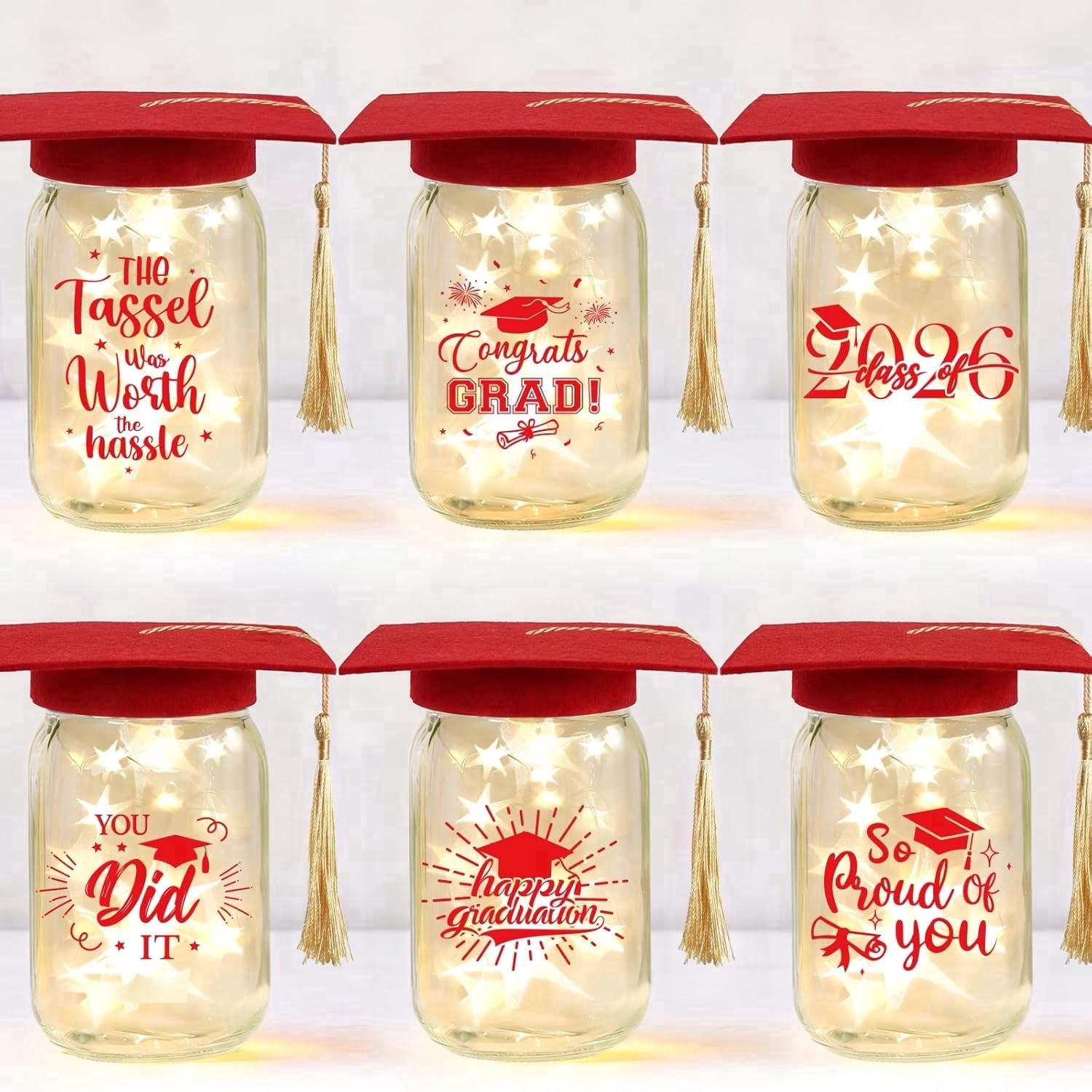 6 Sets 2026 Graduation Centerpieces for Tables, Glowing Mason Jar Centerpieces with Graduation Caps, Glowing Money Jars for College High School Congrats Grad Party Decor Supplies