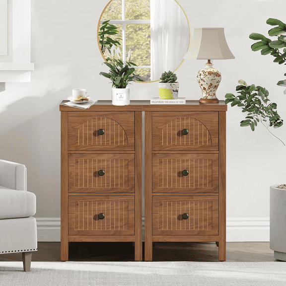 Oubayajia 3 Drawers Nightstand Set of 2, Wooden Storage Chest of Drawers for Living Room, Walnut Finish