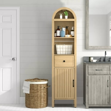 Oubayajia 64" Tall Bathroom Storage Cabinet, Narrow Tall Arched Linen Standing Tower Cabinet, Kitchen Cupboard with Adjustable Shelf and Drawer