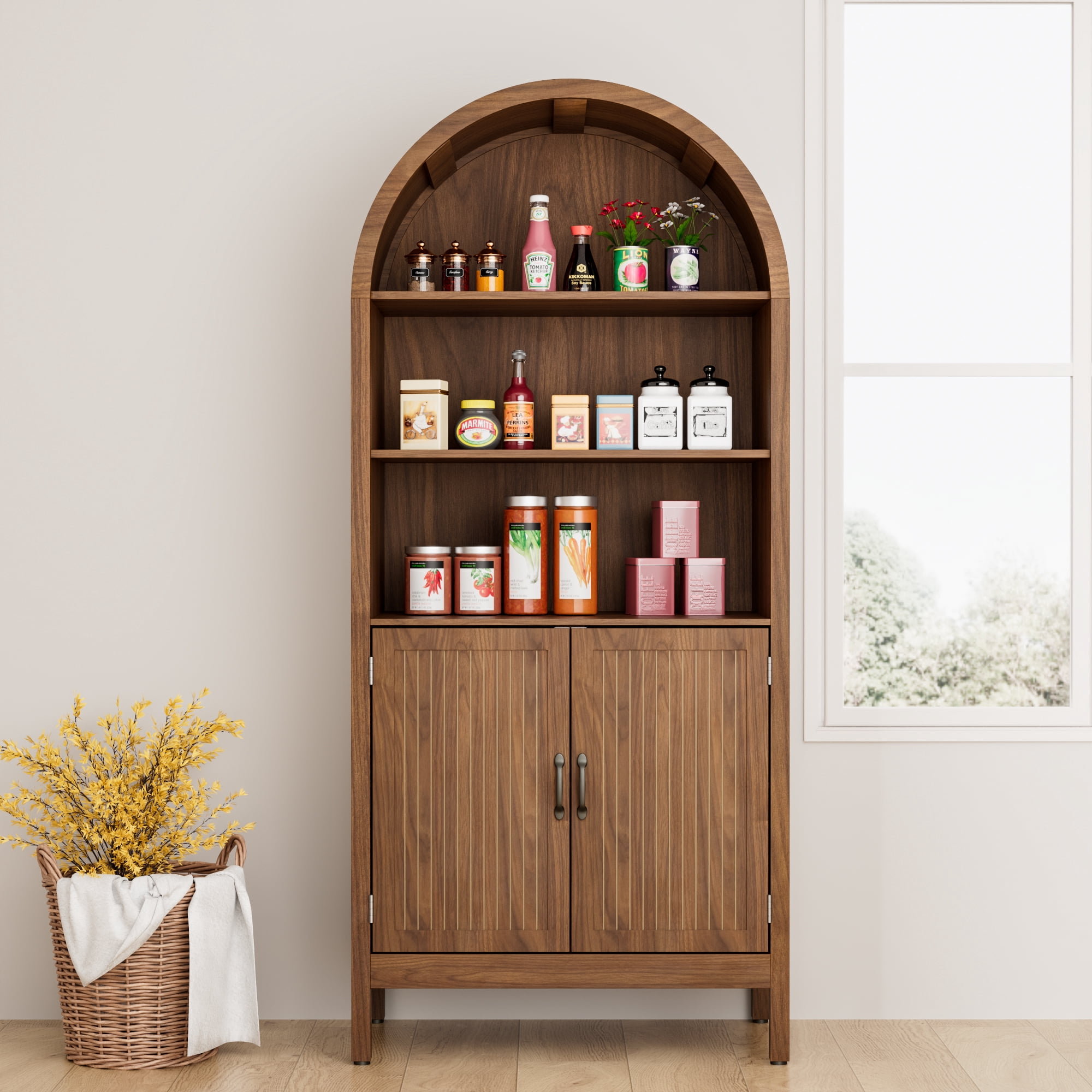 Oubayajia 70.9" Tall Storage Cabinet, Arched Kitchen Cupboard with with Fluted Doors for Living Dining Room, Walnut