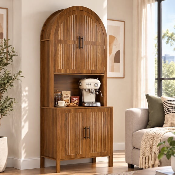 Oubayajia 75.8" Tall Arched Kitchen Pantry Storage Cabinets with Charging Station Fluted Doors and Adjustable Shelves, Freestanding Pantry Cabinet for Kitchen, Dining Room and Living Room,Walnut