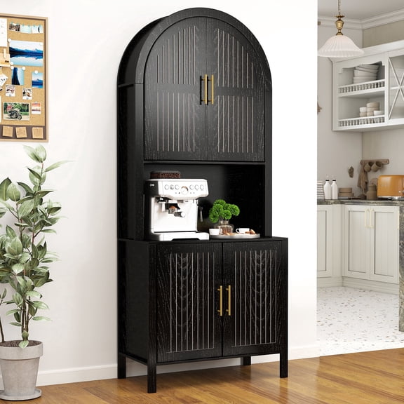 Oubayajia 75.8" Tall Arched Kitchen Pantry Storage Cabinets with Fluted Doors and Adjustable Shelves, Freestanding Cupboard for Kitchen, Dining Room and Living Room, Black