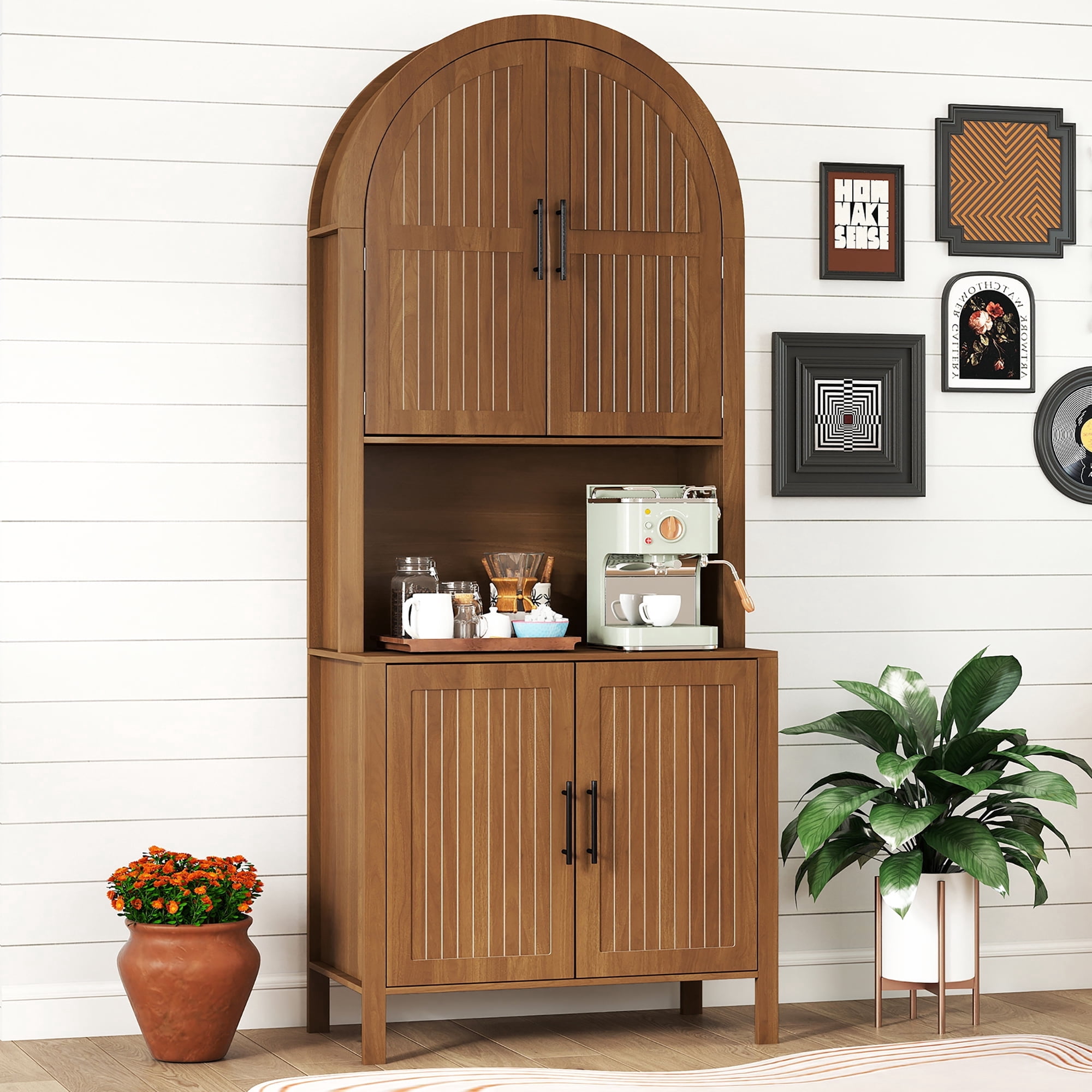 Oubayajia 75.8" Tall Arched Kitchen Pantry Storage Cabinets with Fluted Doors and Adjustable Shelves, Freestanding Cupboard for Kitchen, Dining Room and Living Room, Walnut