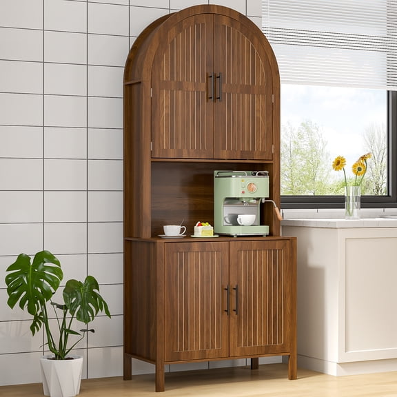 Oubayajia 75.8" Tall Arched Kitchen Pantry Storage Cabinets with Fluted Doors and Adjustable Shelves, Freestanding Cupboard for Kitchen, Dining Room and Living Room, Walnut