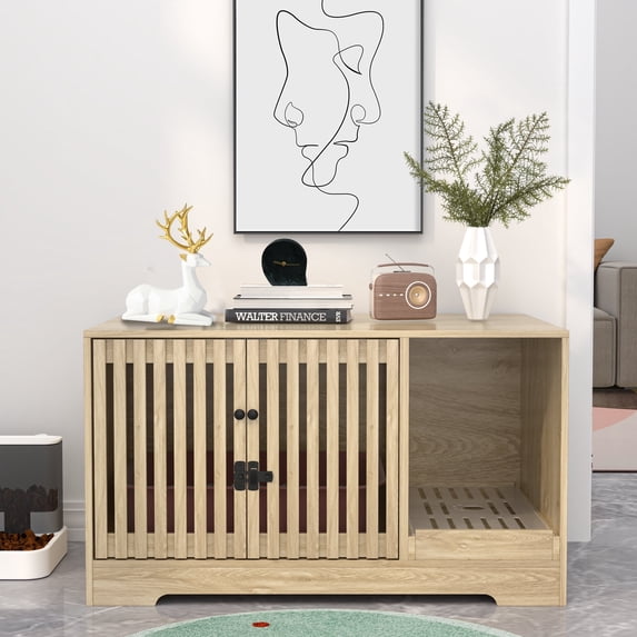 Oubayajia Cat Litter Box Cabinet with Doors, Litter Box Furniture Hidden, Cat Washroom, Natural