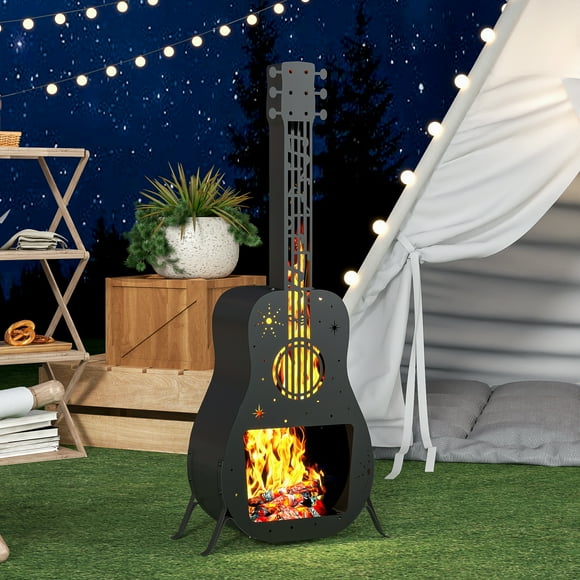 Oubayajia Chiminea Outdoor Fire Pit, Wood Burning Metal Fireplace, Smokeless Firepit for Backyard Garden Camping Patio Heater, Guitar Shaped, Black