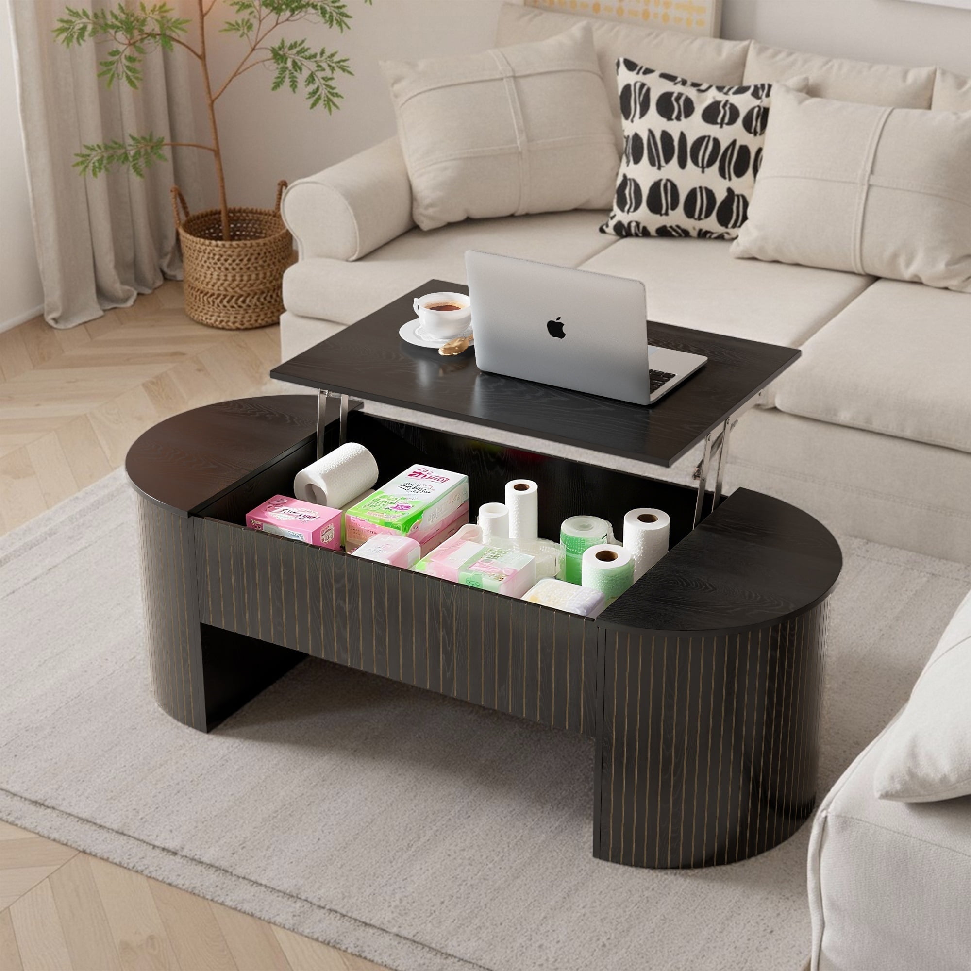 Oubayajia Fluted Coffee Table with Lifting Top and Hidden Storage, Mid Century Modern Coffee Table for Living Room, Office, Black