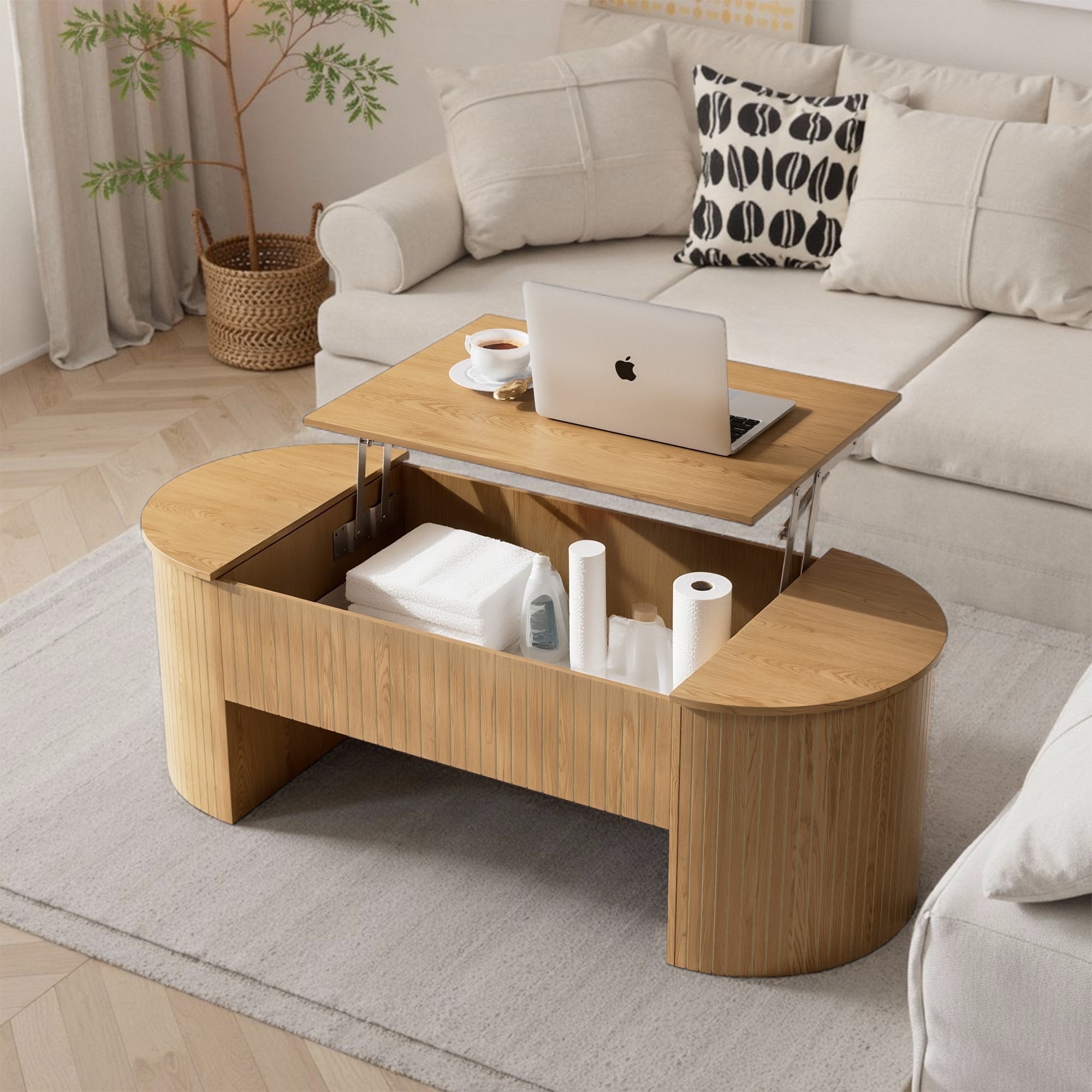 Oubayajia Fluted Coffee Table with Lifting Top and Hidden Storage, Mid Century Modern Coffee Table for Living Room, Office, Natural