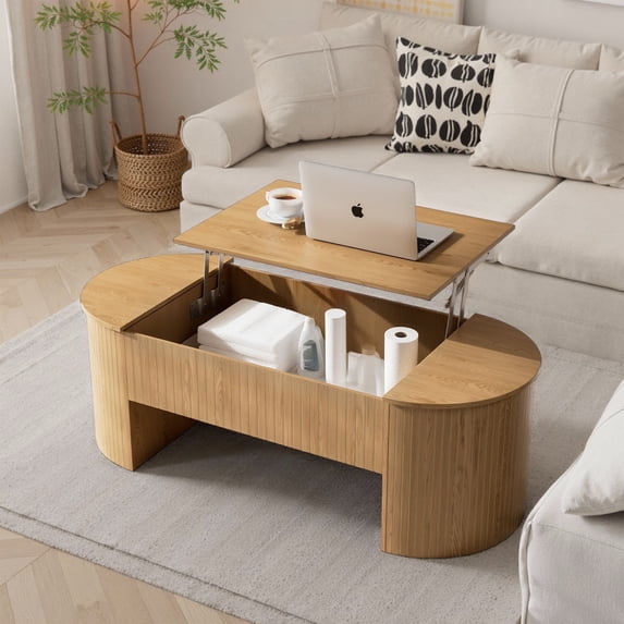 Oubayajia Fluted Coffee Table with Lifting Top and Hidden Storage, Mid Century Modern Coffee Table for Living Room, Office, Natural