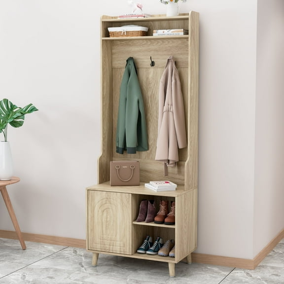 Oubayajia Hall Tree with Storage Bench, 4-in-1 Entryway Hall Tree for Hallway, Living Room, Natural