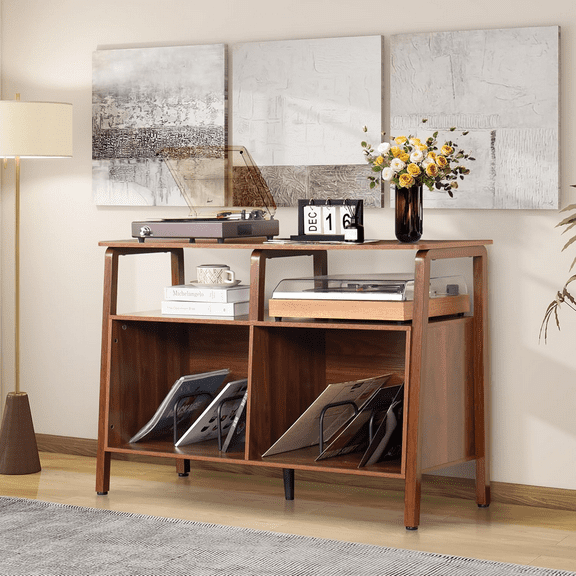 Oubayajia Large Record Player Stand, Vinyl Record Storage Display Shelf, Holds up to 300 Albums(Walnut)