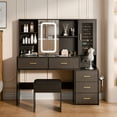 thumbnail image 1 of Oubayajia Large Vanity Desk with Mirror and Lights, Modern Makeup Vanity with Charging Station, 5 Drawers, Shelves and Cushioned Stool, Glass Top for Bedroom, Dressing Room, 1 of 8