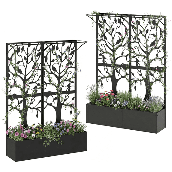 Oubayajia Metal Planter Box with Trellis Set of 2 Privacy Screen, Raised Garden Bed with Drainage Holes for Climbing Plants,Vegetables, 62 Inch Tall(Black)