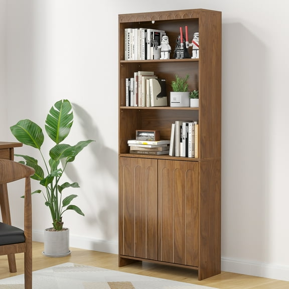 Oubayajia Mid Century 5 Shelf Bookcase with Doors, Narrow Bookshelf for Living Room, Office, Bedroom, Walnut