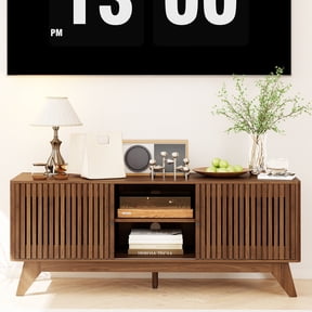 Oubayajia Mid-Century Modern 51" TV Stand for TVs up to 60”, Wood TV Console with Waveform Sliding Doors and Storage, Curved Edge Television Stand, Entertainment Center for Living Room Bedroom,Walnut