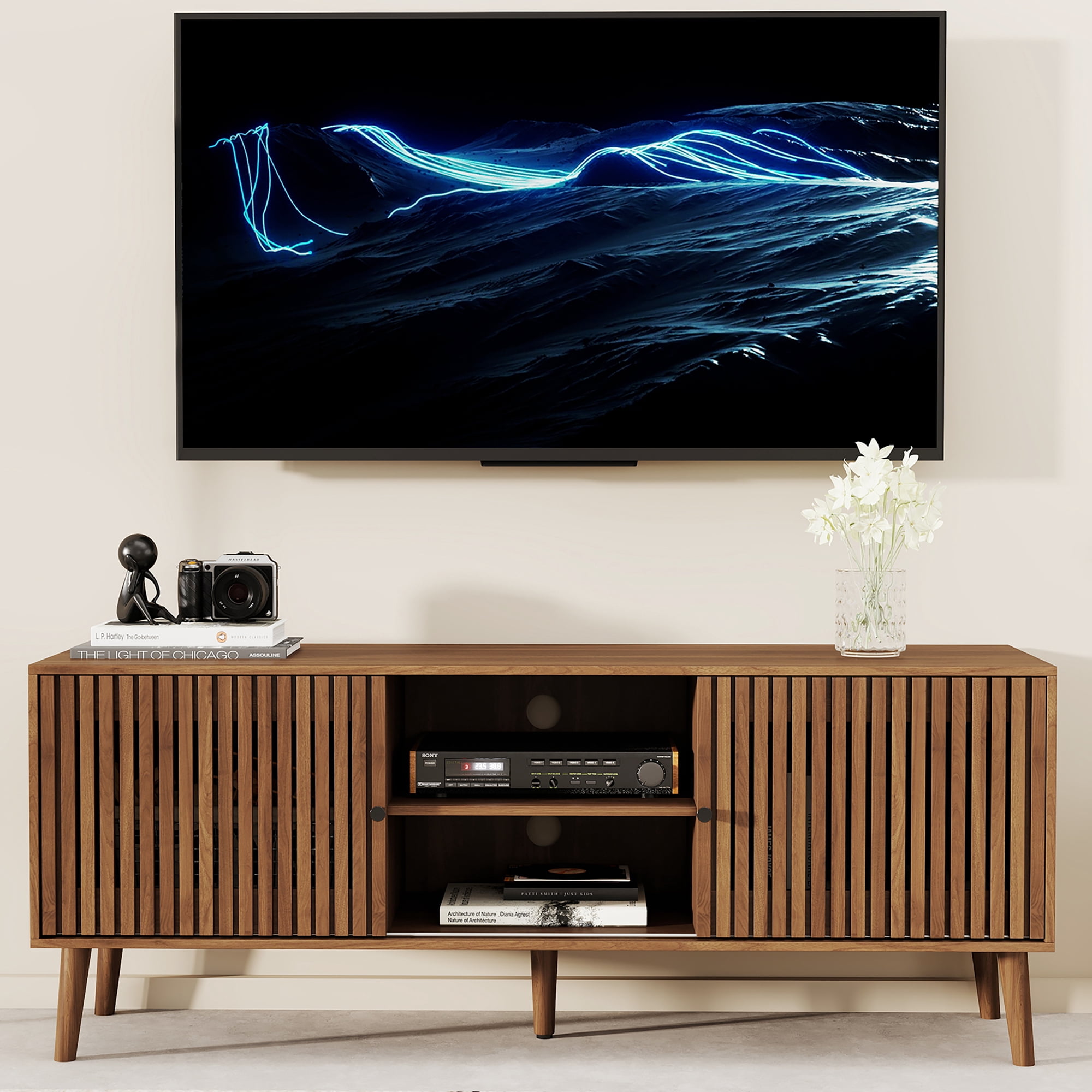 Oubayajia Mid-Century Modern 51" TV Stand for TVs up to 60”, Wood TV Console with Waveform Sliding Doors and Storage, Entertainment Center for Living Room Bedroom, Walnut