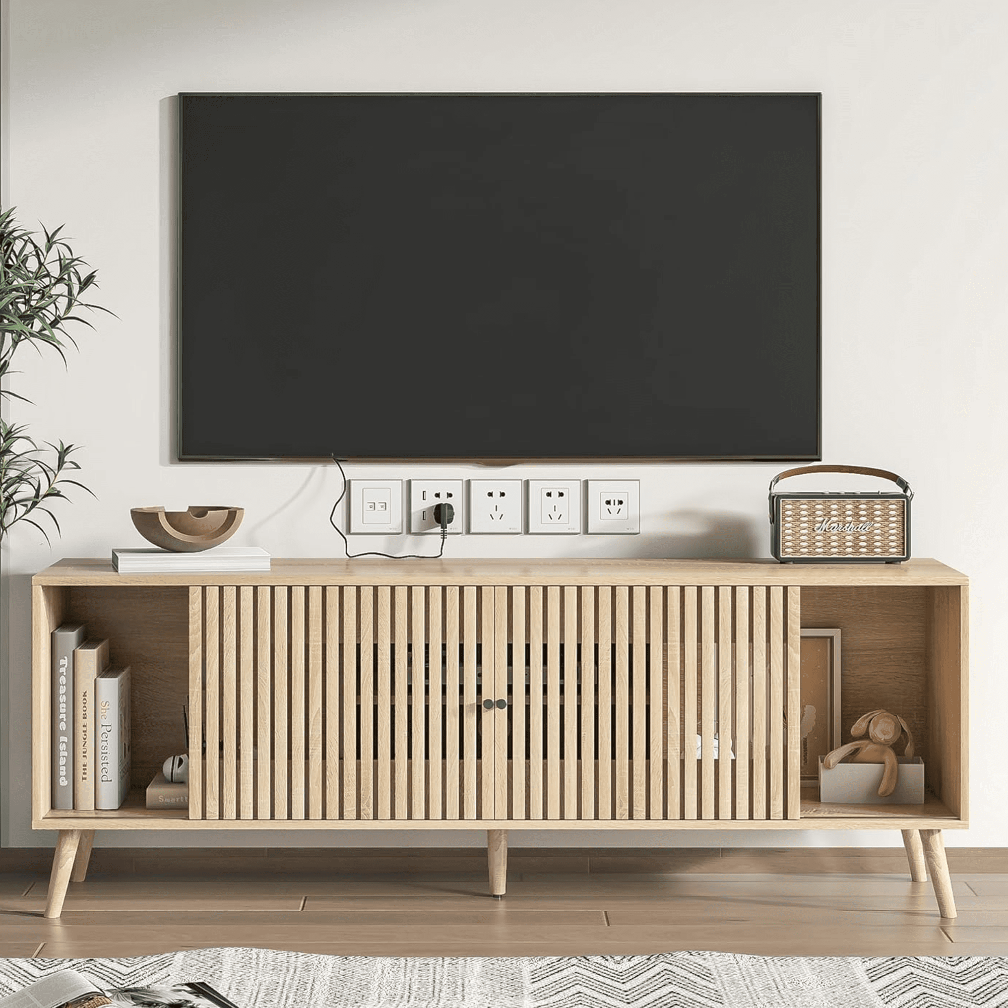 Oubayajia Mid-Century Modern 63" TV Stand for TVs up to 70, Wood TV Console with Waveform Sliding Doors and Storage, Entertainment Center for Living Room Bedroom, Natural