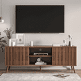 thumbnail image 1 of Oubayajia Mid-Century Modern 63" TV Stand for TVs up to 70”, Wood TV Console with Waveform Sliding Doors and Storage, Entertainment Center for Living Room Bedroom, Walnut, 1 of 7