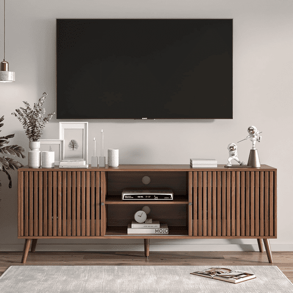 Oubayajia Mid-Century Modern 63" TV Stand for TVs up to 70”, Wood TV Console with Waveform Sliding Doors and Storage, Entertainment Center for Living Room Bedroom, Walnut