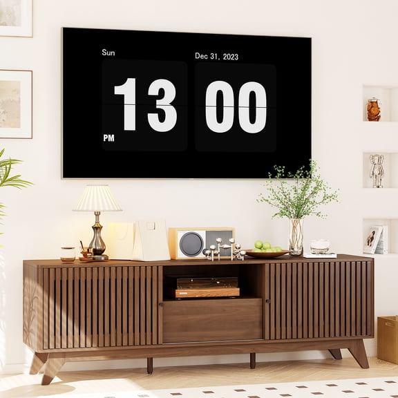 Oubayajia Mid-Century Modern 70" TV Stand for TVs up to 80”, Wood TV Console with Waveform Sliding Doors and Storage, Curved Edge Television Stand, Entertainment Center for Living Room Bedroom,Walnut