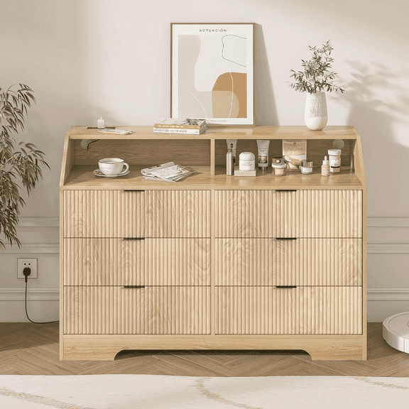 Oubayajia Modern 6 Drawer Dresser, Wood Chest of Drawers with Power Outlet for Living Room Bedroom
