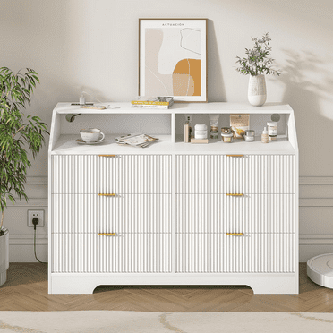 Oubayajia Modern 6 Drawer Dresser, Wood Chest of Drawers with Power Outlet for Living Room Bedroom