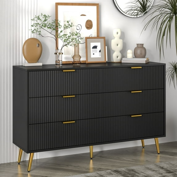 Oubayajia Modern Bedroom 6 Drawer Dresser, Wood Storage Chest of Drawers with Fluted Panel, Black