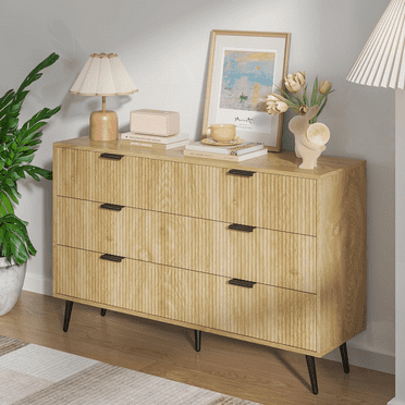 Oubayajia Modern Bedroom 6 Drawer Dresser, Wood Storage Chest of Drawers with Fluted Panel, Natural