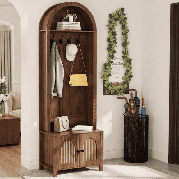 Oubayajia Modern Farmhouse Hall Tree, 70.9" Narrow Arch Coat Rack for Hallway, Entryway, Mud Room, Walnut
