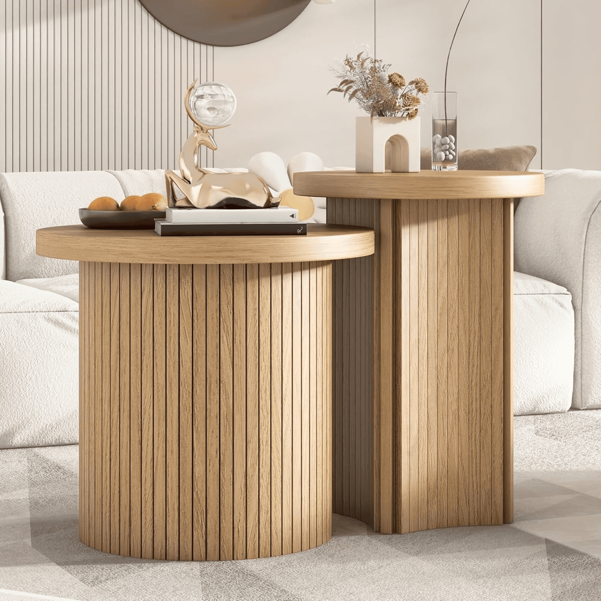 Oubayajia Modern Nesting Coffee Table Set of 2, Wood Round Table for Living Room Bedroom Balcony