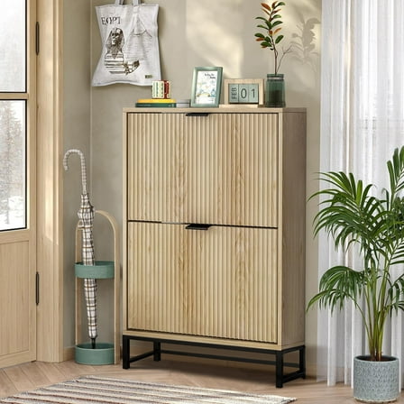 Oubayajia Modern Shoe Storage Cabinet, Wood Shoe Rack Organizer with 2 Flip Drawers, Freestanding Narrow Shoe Cabinet for Entryway Hallway, Natural