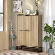 Oubayajia Modern Shoe Storage Cabinet, Wood Shoe Rack Organizer with 2 Flip Drawers, Freestanding Narrow Shoe Cabinet for Entryway Hallway, Natural