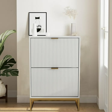 Oubayajia Modern Shoe Storage Cabinet, Wood Shoe Rack Organizer with 2 Flip Drawers, Freestanding Narrow Shoe Cabinet for Entryway Hallway, White
