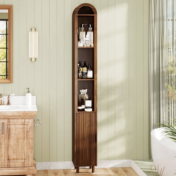 Oubayajia Narrow Fluted Bathroom Floor Skinny Storage Cabinet with Door, 67.9" Tall Arched Cabinet Freestanding Storage Cabinet for Small Spaces, Living Room, Walnut