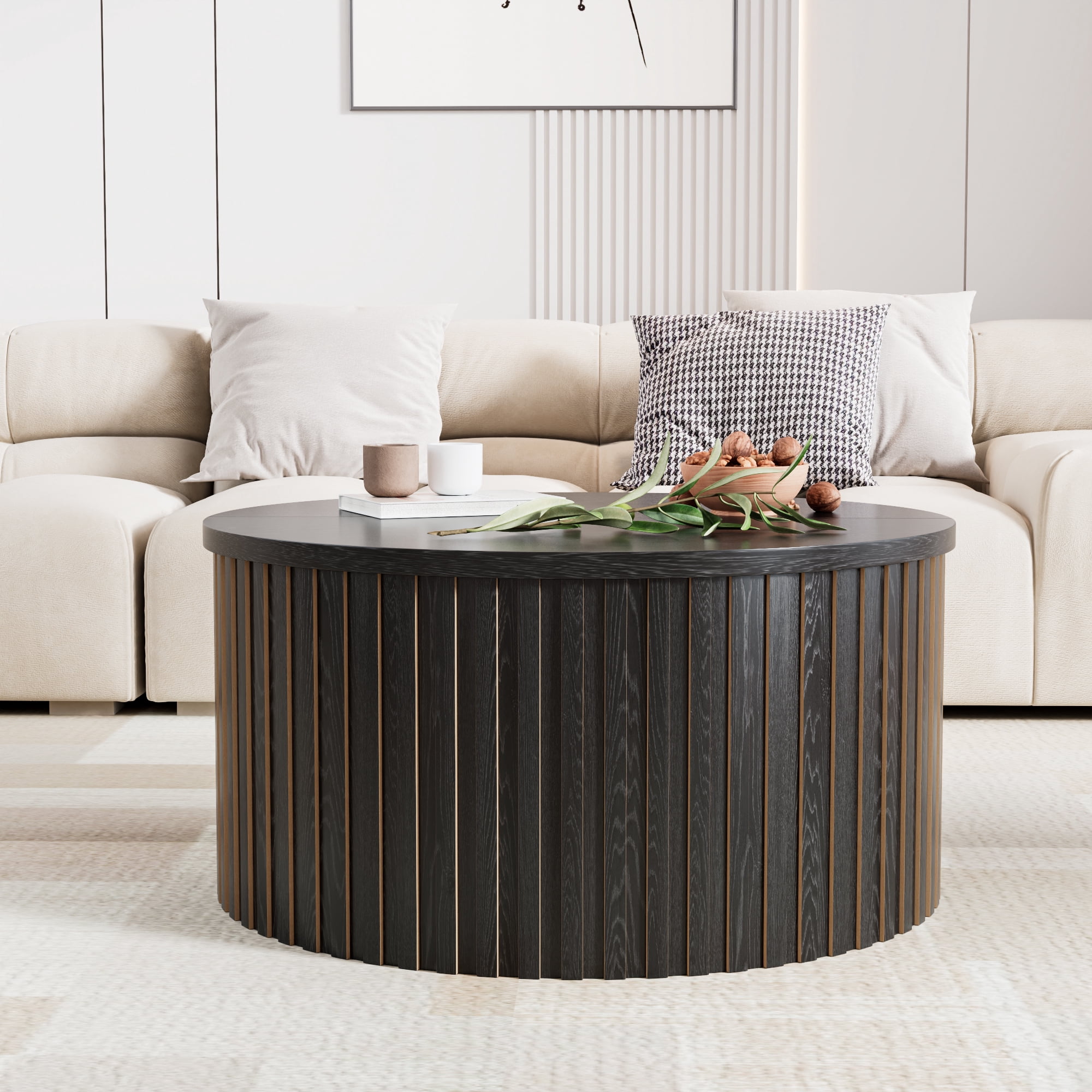 Oubayajia Round Coffee Table, Lift Top Coffee Table with Storage, Black