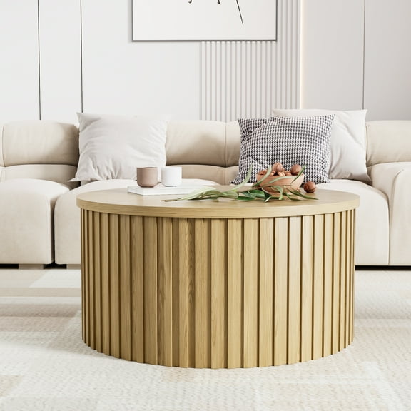 Oubayajia Round Coffee Table, Lift Top Coffee Table with Storage, Natural