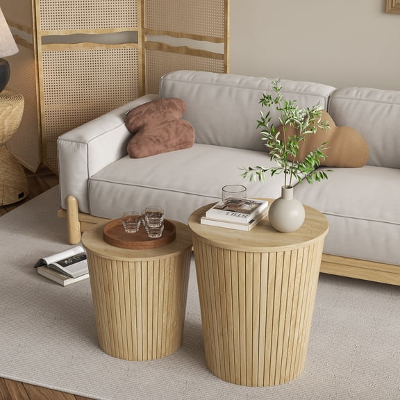 Oubayajia Round Coffee Table Set of 2, Modern Farmhouse Living Room End Table Set for Small Space
