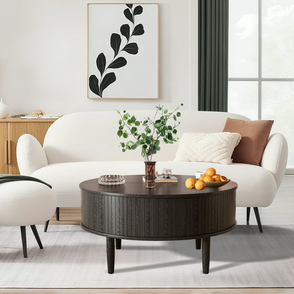 Oubayajia Round Coffee Table, Small Fluted Lift Top Center Table for Home Living Room Office, Black
