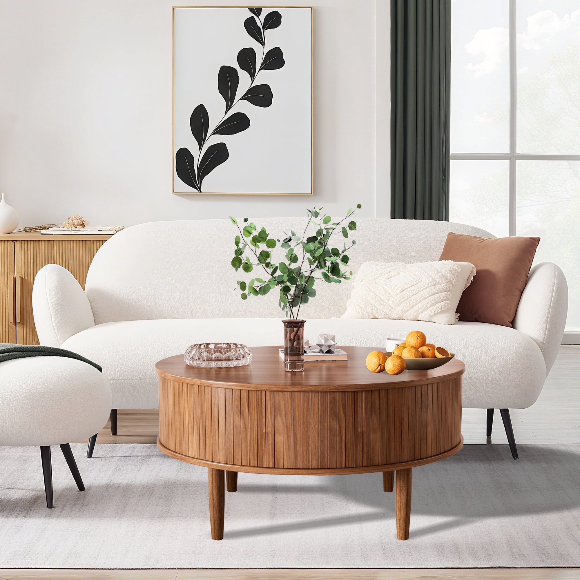 Oubayajia Round Coffee Table, Small Fluted Lift Top Center Table for Home Living Room Office, Walnut