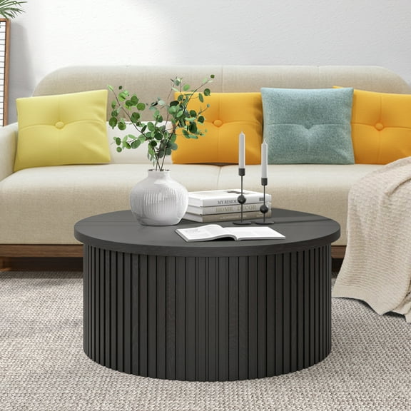 Oubayajia Round Coffee Table with Storage, Wood Lift Top Coffee Table, Waveform Panel, Black